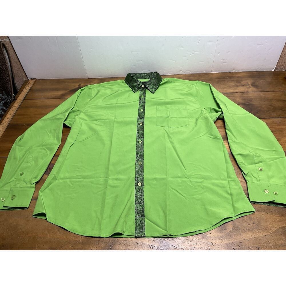Barry Wang Green Paisley Long Sleeve Mens Shirt Button Party Business Shirt